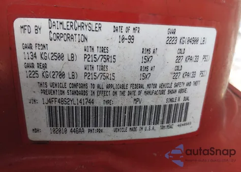 2000 Jeep Cherokee Sport z USA, uszkodzony, nr VIN 1J4FF48S2YL141744